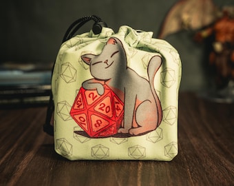 Cat with D20 Dice Bag, Kitty Cat Patterned Bag for DnD Dice for Cat Lovers, Board Tabletop Games Drawstring Gift Bag