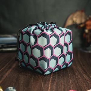 Blue Pink Honeycomb Dice Bag, Freestanding Drawstring Storage Pouch for Tokens Tiles Components, D&D Dice Bag Tabletop Gaming