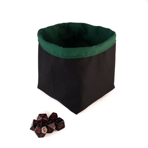 Square Dice Bag - Tile Pouch - D&D Storage - Black and Dark Green - Drawstring - Reversible - Freestanding - Handmade in the UK -  Table Top