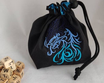 Embroidered Ice Dragon DnD Dice Bag, Freestanding Gaming Gift