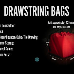 Graphic listing multiple uses for a cat drawstring bag: dice storage, token pouch, miniatures bag, travel pouch, or gift bag. Great for board games, DND, tabletop RPGs, and fantasy gaming. Ideal board game accessory or gaming gift for DND players, dog lovers, and RPG fans. This multi-use bag is perfect for game night, dungeon crawls, or storing gaming essentials. Cute, functional, and perfect for board gaming accessories.
