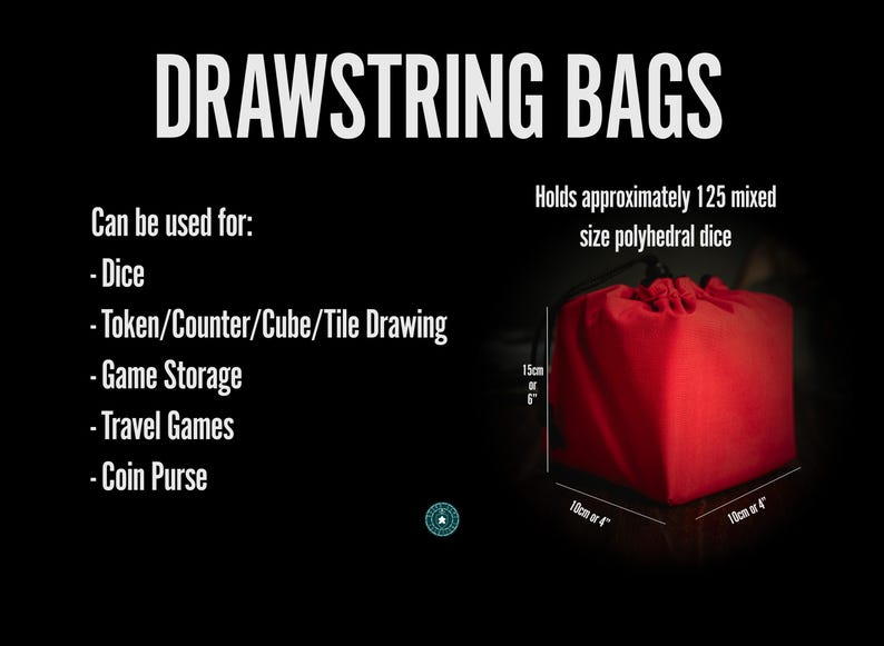 Graphic listing multiple uses for a cat drawstring bag: dice storage, token pouch, miniatures bag, travel pouch, or gift bag. Great for board games, DND, tabletop RPGs, and fantasy gaming. Ideal board game accessory or gaming gift for DND players, dog lovers, and RPG fans. This multi-use bag is perfect for game night, dungeon crawls, or storing gaming essentials. Cute, functional, and perfect for board gaming accessories.