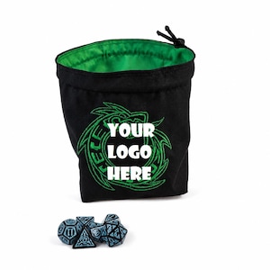 May include: A black drawstring pouch with a bright green interior lining and a green embroidered dragon design on the front featuring the white text YOUR LOGO HERE. A set of seven light blue polyhedral dice with black numbering sits in front.