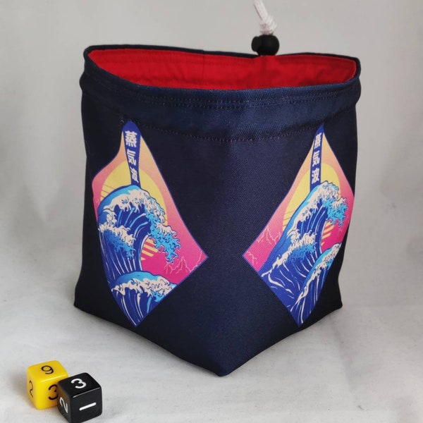 Japanese D&D Dice Bag, Ocean Waves Tile Pouch, Japan Bag of Holding, Treasure Nest, Board Game bag, Freestanding Drawstring Storage Bag