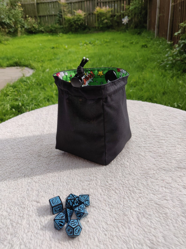 Freestanding Square Dice Bag Comic Book Green Pop Art Tile Pouch Cotton Reversible Handmade Gifts for Gamers Drawstring Bag image 4