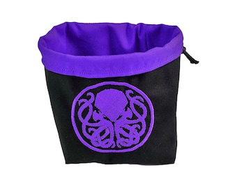 Cthulhu Dice Bag - Purple Tile Pouch - Cotton - Freestanding - Reversible - Cord Drawstring - Handmade - RPG - D&D Die Holder - Gift for DnD