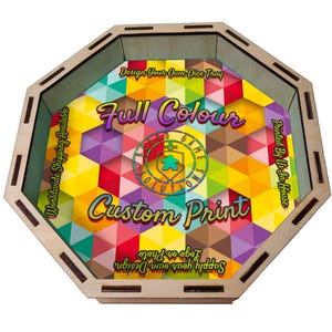 Aangepaste afbeelding gedrukt op een houten dobbelsteenbak, Octagon gaming-dobbelstenendoos, houten dobbelsteenbak, tafelblad rollend bakje voor dobbelsteenspellen, cadeau voor gamers