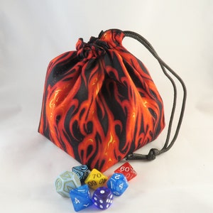 Bag for Dice - Tile Pouch - Black Red Fire and Flames Standing Cotton Reversible Drawstring  - Gaming Dice Bag - RPG D&D Dice Bag of Holding