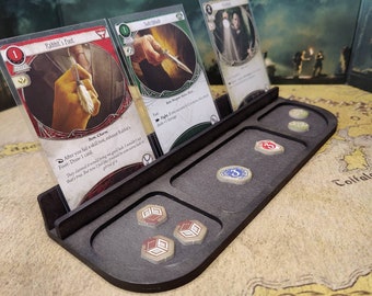 Brettspiel-Kartenhalter mit Tablett, schwarze Tabletop-Spielkartenschiene, Spieler-Dashboard-Organizer aus Holz, Tarot-Geschenktablett mit Zählern