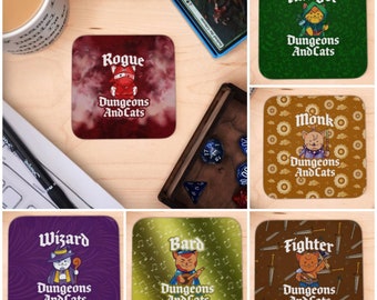 D&D Coaster, Dungeons and Cats Player Classes Table Coaster Mug Placemat for Gaming Table Game Room Decor Table Accessories Gifts for Gamers