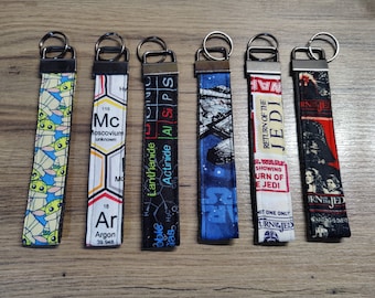 Sci-Fi Fabric Wristlet Keychain: Cotton Key Fob with Metal Split Ring