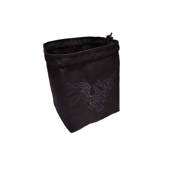 Black Dragon Dice Bag - D&D Dice Bag - Meeple Bag - Tile Pouch - Freestanding Cotton - Bag of Holding - Drawstring - Handmade - TableTop Bag