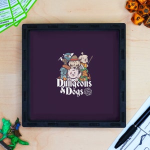 Dungeons and Animals Square Dice Tray, Game Tray, Large Wooden Dice Tray, Tabletop Rolling Tray for dice games, Table Dice Tray for D&D RPG