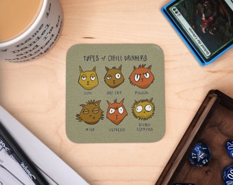 Cats and Coffee Coaster, Cat Lovers Square Mug Placemat, Mug Rug Cat Themed Gift for Gamers, Gaming Table Coaster, Tabletop Gaming Drink Mat