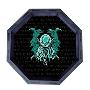 Eldritch Cthulhu Dice Tray, Octagon Games Tray, Large Wooden Dice Tray, Tabletop Rolling Tray for dice games, Round Dice Tray for D&D Games