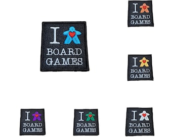 I Love Board Games Patch, Meeple Iron On Patch for Tabletop Gaming, Sew on Embroidery Fabric Patch for Clothing and Bags, Gift for Gamers