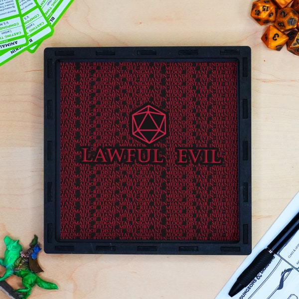 D&D Character Alignment Lawful Evil Dice Tray, Black Wooden DnD Tabletop Rolling Tray for Dice, Gift Box for Board Games