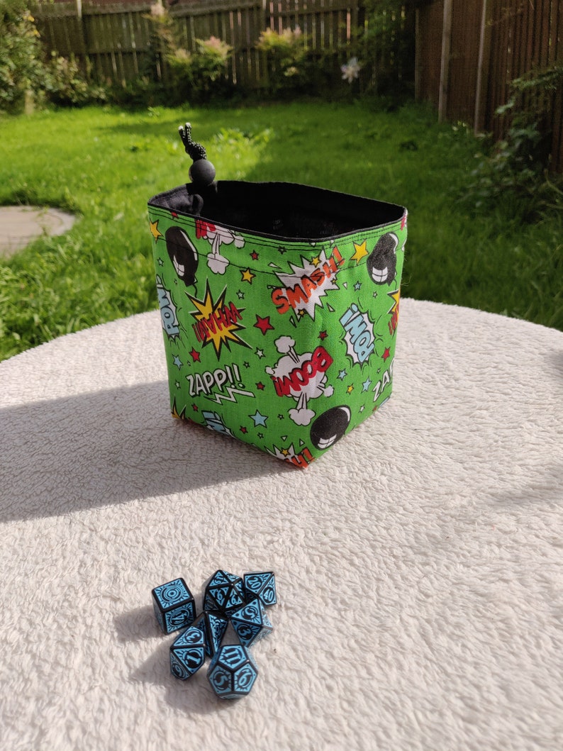 Freestanding Square Dice Bag Comic Book Green Pop Art Tile Pouch Cotton Reversible Handmade Gifts for Gamers Drawstring Bag image 2