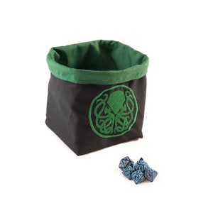 Cthulhu Dobbelsteenzak - Etui met groene tegel - Katoen - Vrijstaand - Omkeerbaar - Koordkoord - Handgemaakt - RPG D&D Die Holder - Cadeau voor gamers