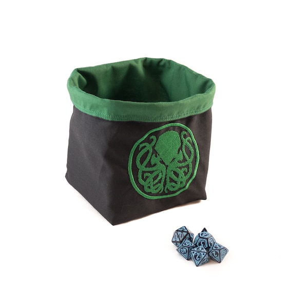 Cthulhu Dice Bag - Green Tile Pouch - Cotton - Freestanding - Reversible - Cord Drawstring - Handmade - RPG D&D Die Holder - Gift for Gamers