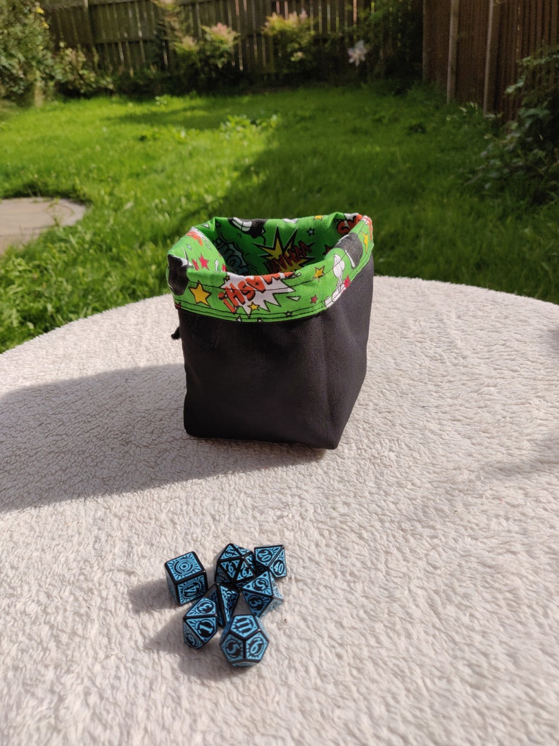 Freestanding Square Dice Bag Comic Book Green Pop Art Tile Pouch Cotton Reversible Handmade Gifts for Gamers Drawstring Bag image 5