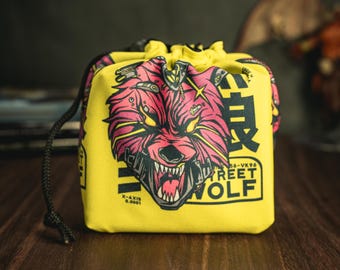 CyberPunk Dice Bag, Cyber Wolf Tile Pouch, Bag of Holding, Treasure Nest, Board Game bag, Freestanding Cotton, Drawstring, Storage bag, D&D