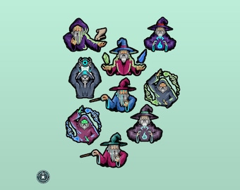 D&D Wizard Vinyl Sticker Set, 9 Printed Cut Out Wizard Mage Sorcerer Label Decals for RPG Tabletop Board Gamers