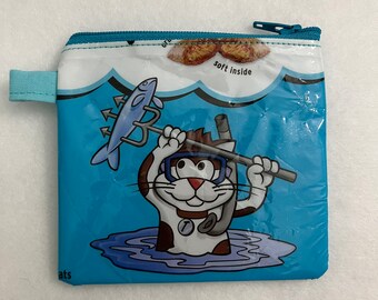 Upcycled Blue Cat Treat Zipper Pouch/Unique Coin Purse