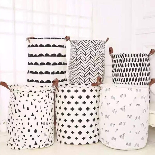 Laundry Storage - geometric pattern nordic clothes hamper canvas bin bucket cotton basket solution bathroom scandinavian kids room decor