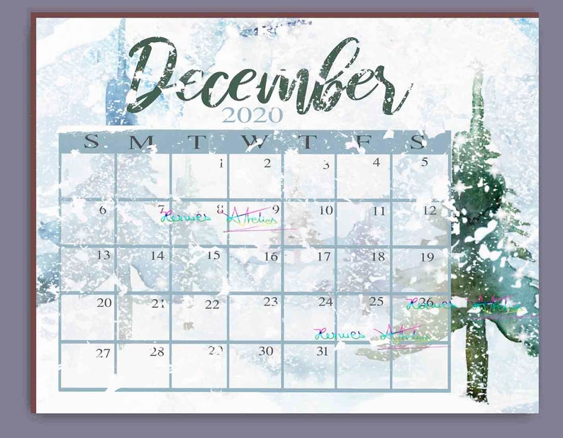 Snowy December 2020 Printable Calendar Winter Theme Etsy