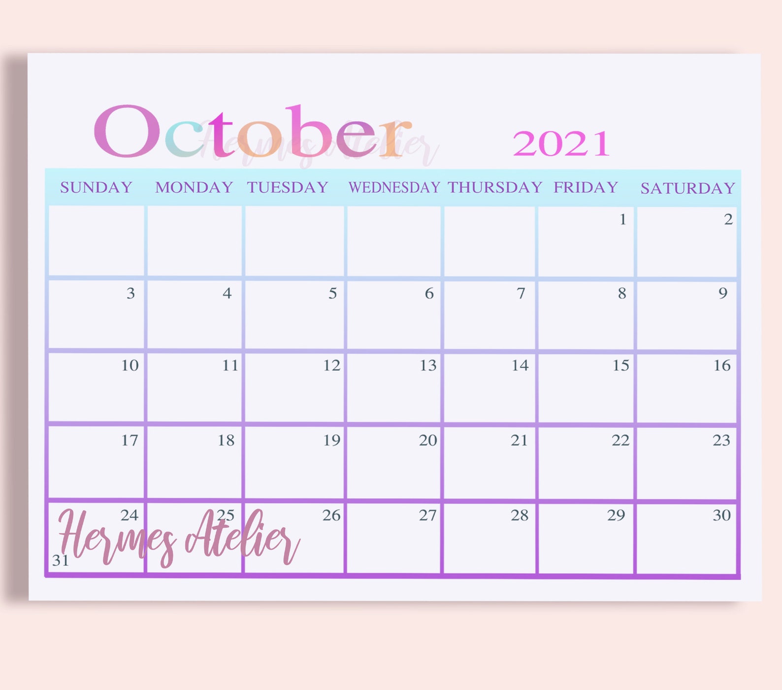Printable october calendar printable kids calendar october etsy