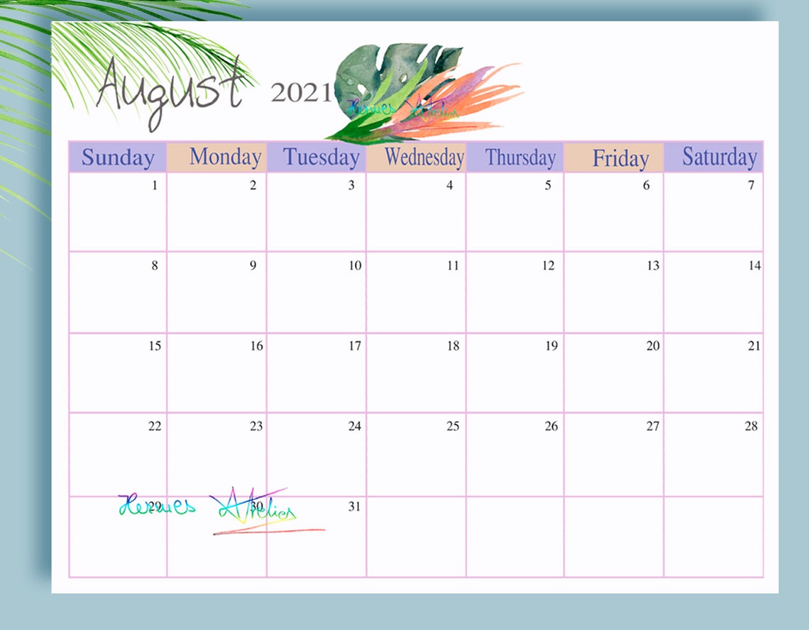 tropical august 2021 calendar printable planner page