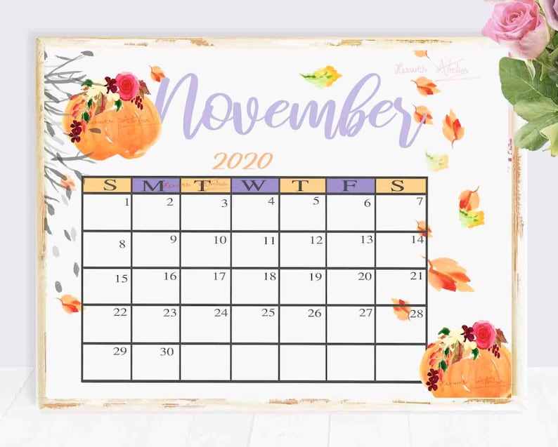 Printable November 2020 Calendar Seasonal monthly | Etsy