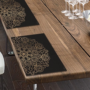 Black and Gold Mandala Placemats Set of 4-12, Dining Table Mats, Black and Gold Vinyl Placemats Set, Vinyl Table Place Mat Set