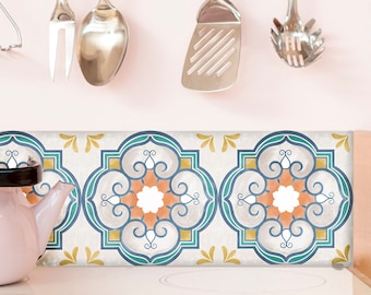 Vintage Orange Mandala Vinyl Tile Stickers, Kitchen Backsplash