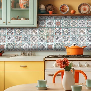 Spanish Moroccan Tile Stickers, Retro Tiles, Art Stationery Floor Tile, colorful Vinyl Flooring, Vinyl Tile, Kitchen tiles, bathroom tiles