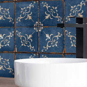 Blue Machuca Vintage Tile Stickers - Spanish Peel & Stick Backsplash and Floor Tiles,Durable and Waterproof!!