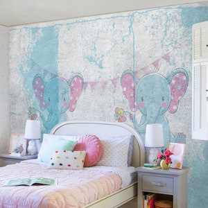 Pink Blue Elephant Wallpaper, Cute Animal Removable Wallpaper, Nursery Wallpaper, Self Adhesive Vinyl Wallpaper, Peel And Stick Wallpaper