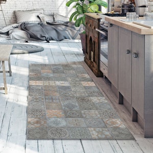 Brown & gray tiles Vinyl Floor,  Bathroom Carpet, rustic Vinyl Floor Rug, kitchen rug, water proof, easy to clean.