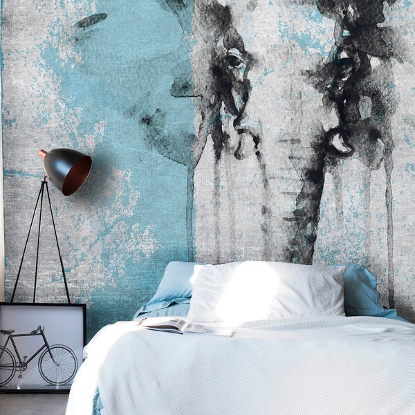 Papier peint éléphant bleu et gris, décor artistique de mur de peau et de bâton pour le salon ou la pépinière, art mural animal original