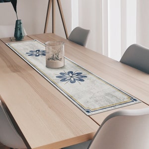 Grey Runner, blue flower, kitchen runner, Tableware, PVC Table Runner, Vinyl Placemats and Runners, Table Decorations, vintage, home decor