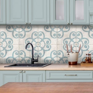 Light Blue Vintage Tile Stickers, Blue Machuca, Rustic Kitchen Tile ...