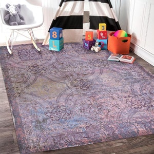 Purple Floor Mat, Oriental Rug, Boho Rug, Vintage Bedroom Decor, Kids Floor Mat, Large Area Rug, Linoleum Rug, PVC Carpet, Kinderzimmer Rug