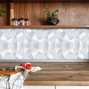 Light Blue and White Geometric Shape Tile Stickers, Peel and Stick for Kitchen and Bathroom Floors and Walls, Durable and Waterproof Viny