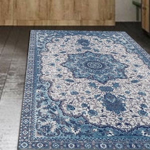 Blauwe vinyl vloermat, bloementapijt, keukendecormat, linoleumtapijt, PVC-vloermat, oosters gebiedskleed, Boho vloerkleed, vintage kamerdecor