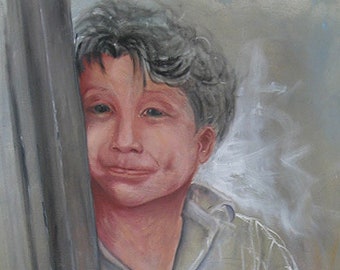 May include: A pastel drawing of a young person with short, dark hair, wearing a light-colored shirt, looking out from behind a wooden door.