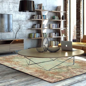 Greenish Yellow & brown abstract Rustic Collage with hints of Orange.  Linoleum Rug, PVC Floor Mat, Area Rug, Boho Living Room Rug