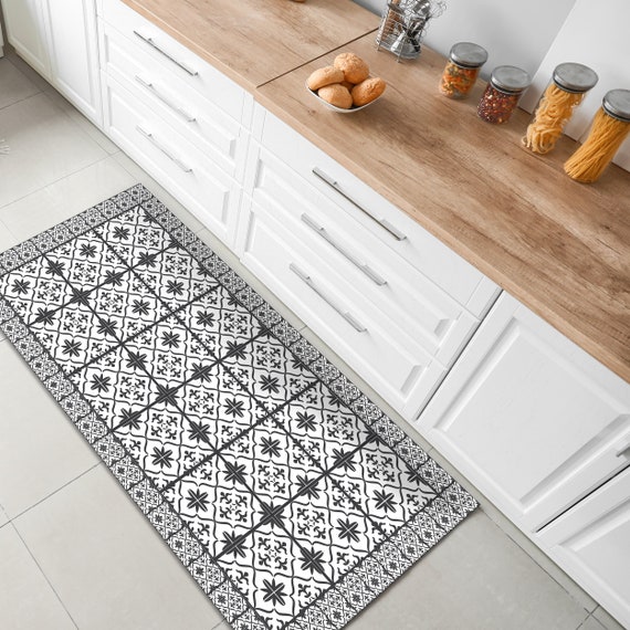 Black and White Dining Room Mat, Oversized Area Rugs, Rug Under Dining Table,  Vinyl Kitchen Table Rugs, Linoleum Floor Mat, Large Floor Rugs 