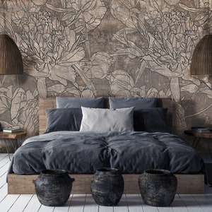 Brown Floral Wallpaper, Flowers Wallpaper, Rustic Wallpaper, Self ...