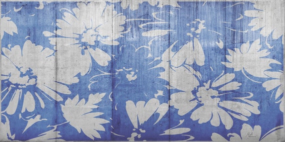 Floral PVC Vinyl Floor Mat, Blue & White Linoleum Area Rug